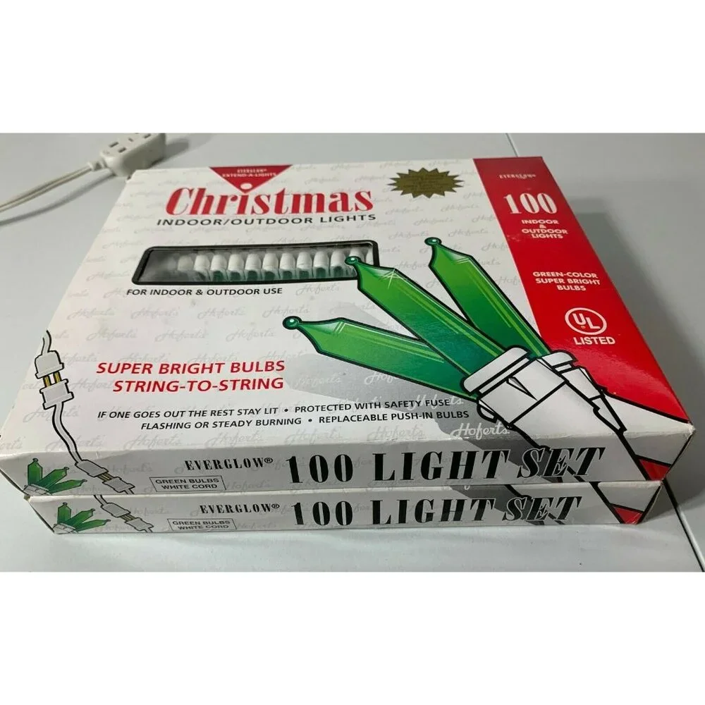 Everglow 100 Light Indoor / Outdoor Christmas String Lights Green Bulbs Lot of 2
